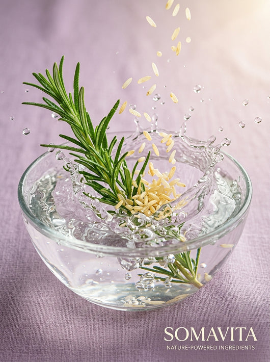 Fresh rosemary and rice splashing in water