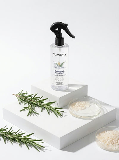 SomaVita spray bottle on white pedestal with rosemary and rice